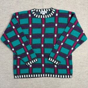 Vintage Cabin Creek Geometric Grid Knit Sweater Teal Purple Magenta Mens Medium